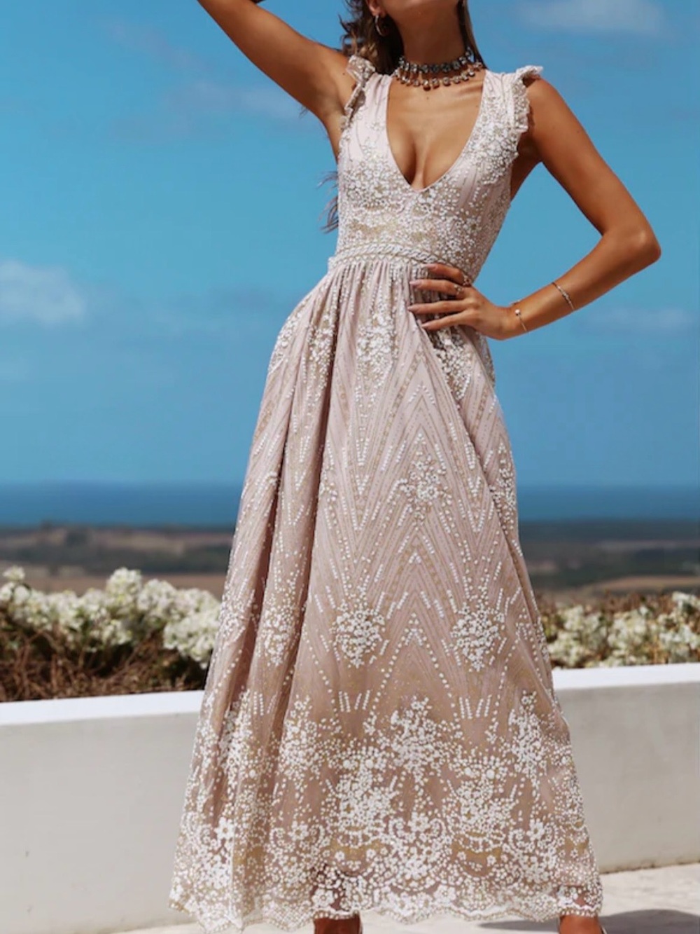 Hello Molly Blush Champagne Lace Up Maxi Gown - Picture 2 of 14